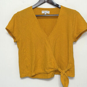 Madewell Texture & Thread Womens Large Yellow Tie Waist Faux Wrap Top Minimalist